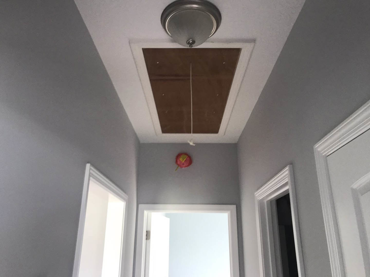 Smooth white plaster ceiling with two modern light fixtures, decorative molding along the edges, partial view of a white door frame and black window.