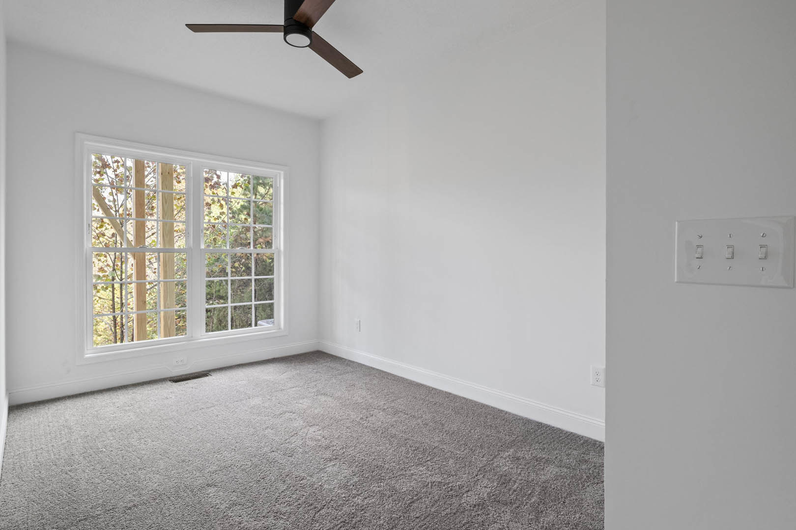 Carpeted room with plaster walls, multiple windows, ceiling fan with light, and a row of switches on one wall