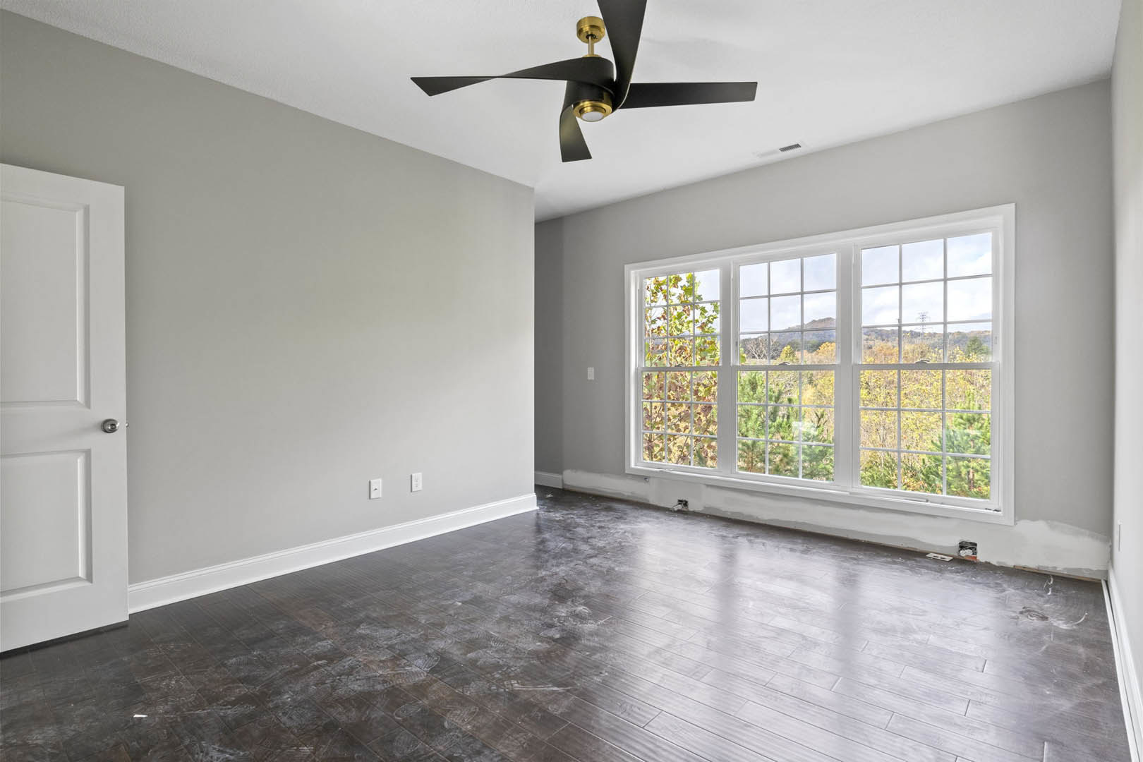 Ceiling fan with light fixture mounted on white plaster ceiling, large windows with views of green trees, wood door, and light-colored flooring