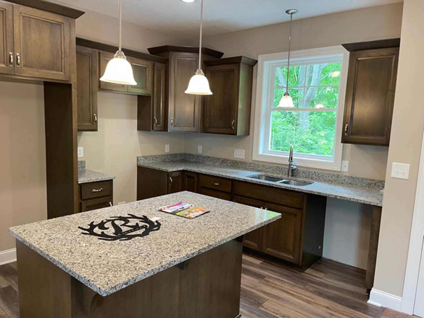 Kitchen with polished granite countertops, white cabinetry, stainless steel sink, and modern appliances; large window overlooks leafy trees.
