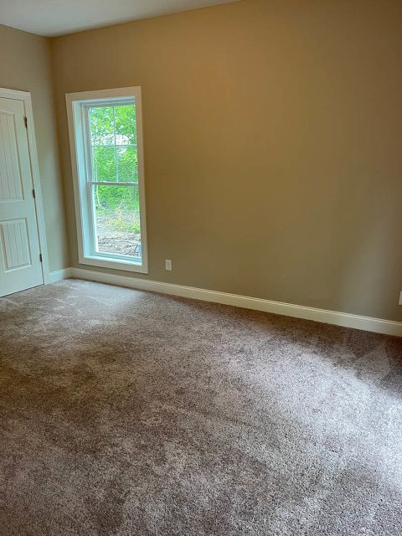 Corner of a carpeted room with white walls, a large window showing outdoor greenery, and a white door with black hinges