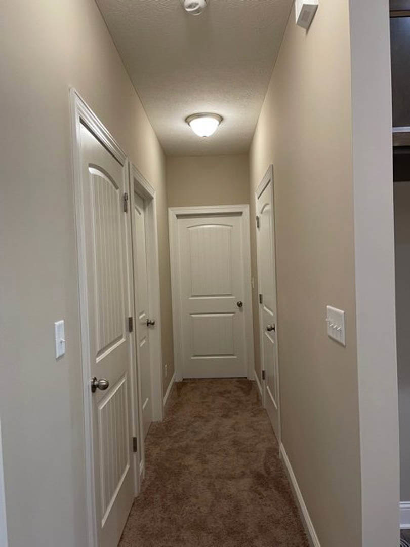 Carpeted hallway with white walls, multiple white doors featuring silver knobs, three-switch white light switch, ceiling-mounted light fixture, and white wall vent