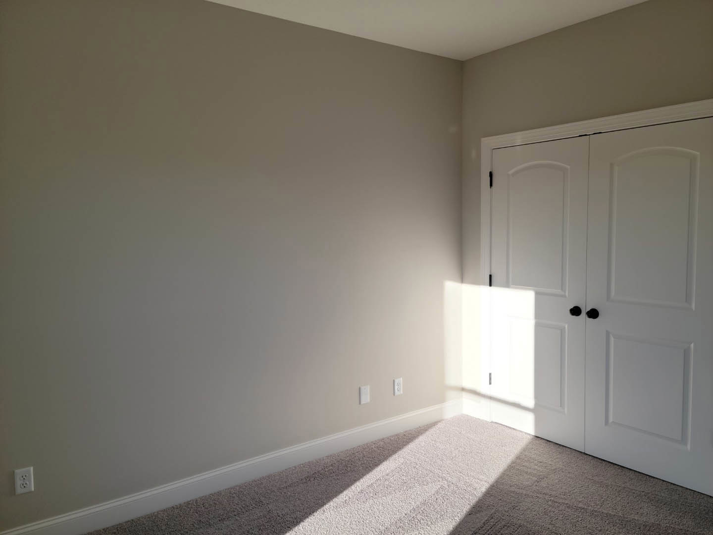 White double doors with black knobs, white outlet on wall, plush beige carpet flooring, white baseboards, smooth plaster walls, and ceiling molding in a residential room.