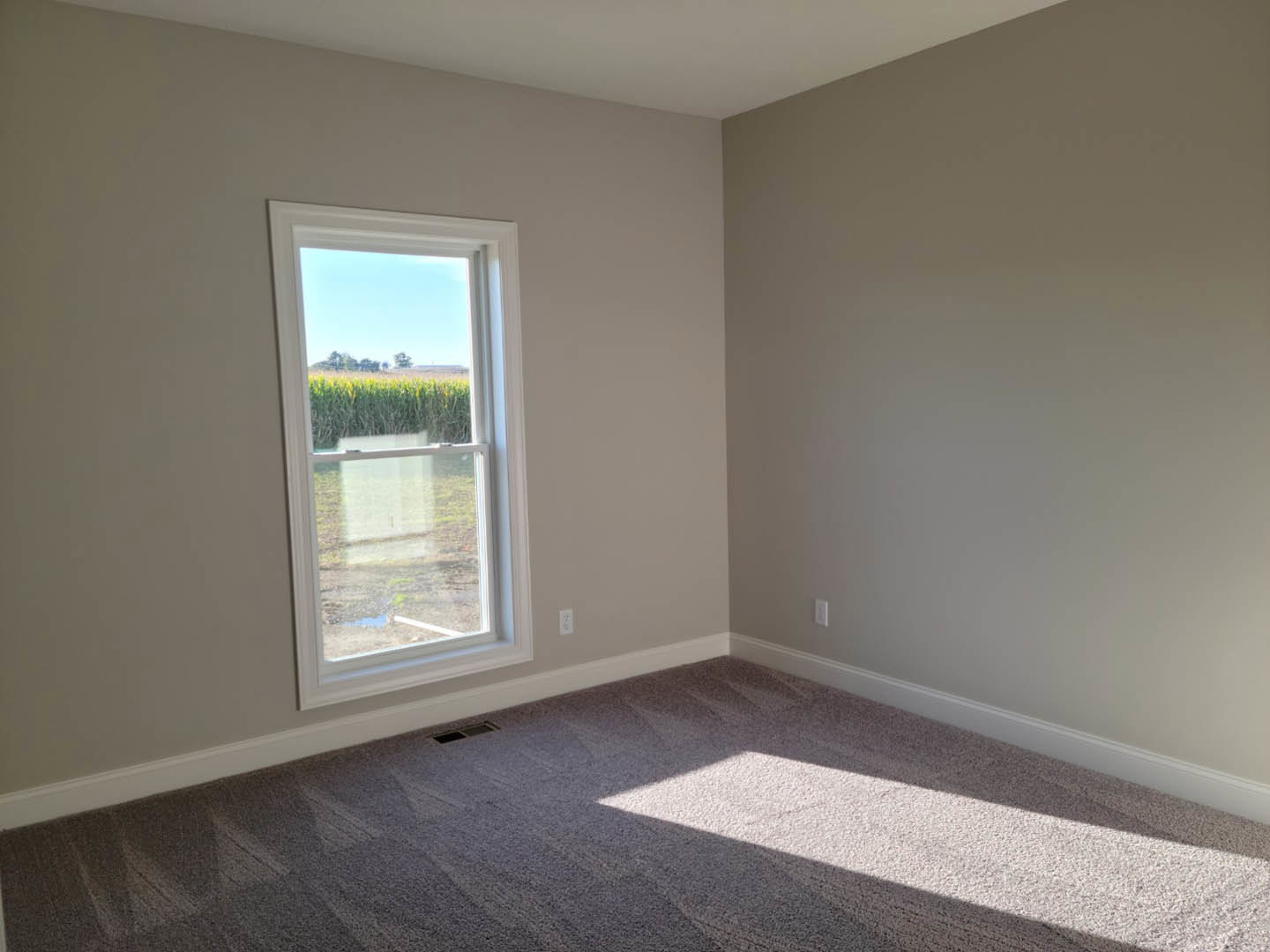Carpeted room with white walls, large window overlooking cornfield and tall grass, blue sky and clouds visible outside