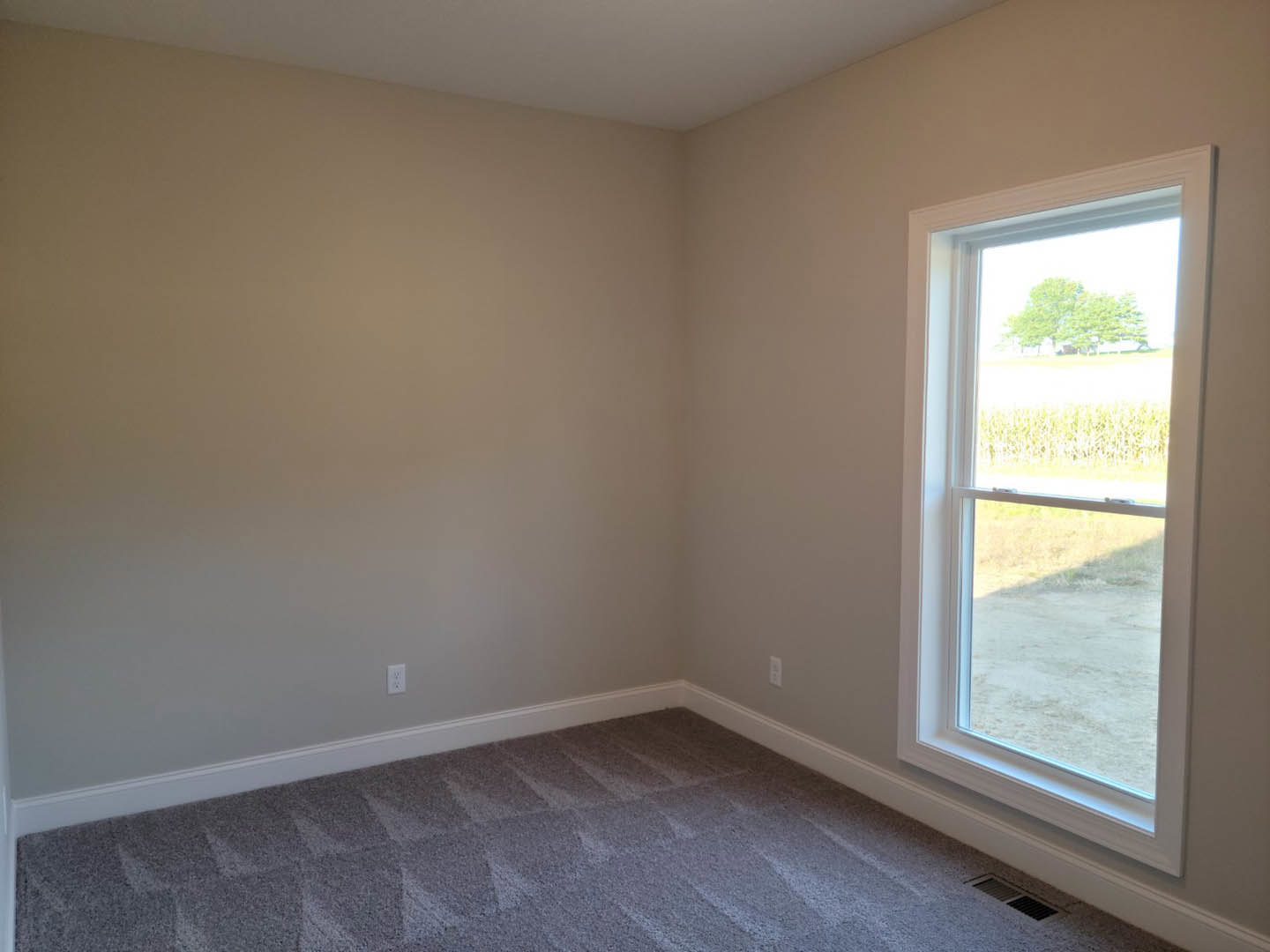 Bright room with white walls, large window overlooking grassy field and distant trees, grey carpet flooring, white baseboard molding, ceiling vent