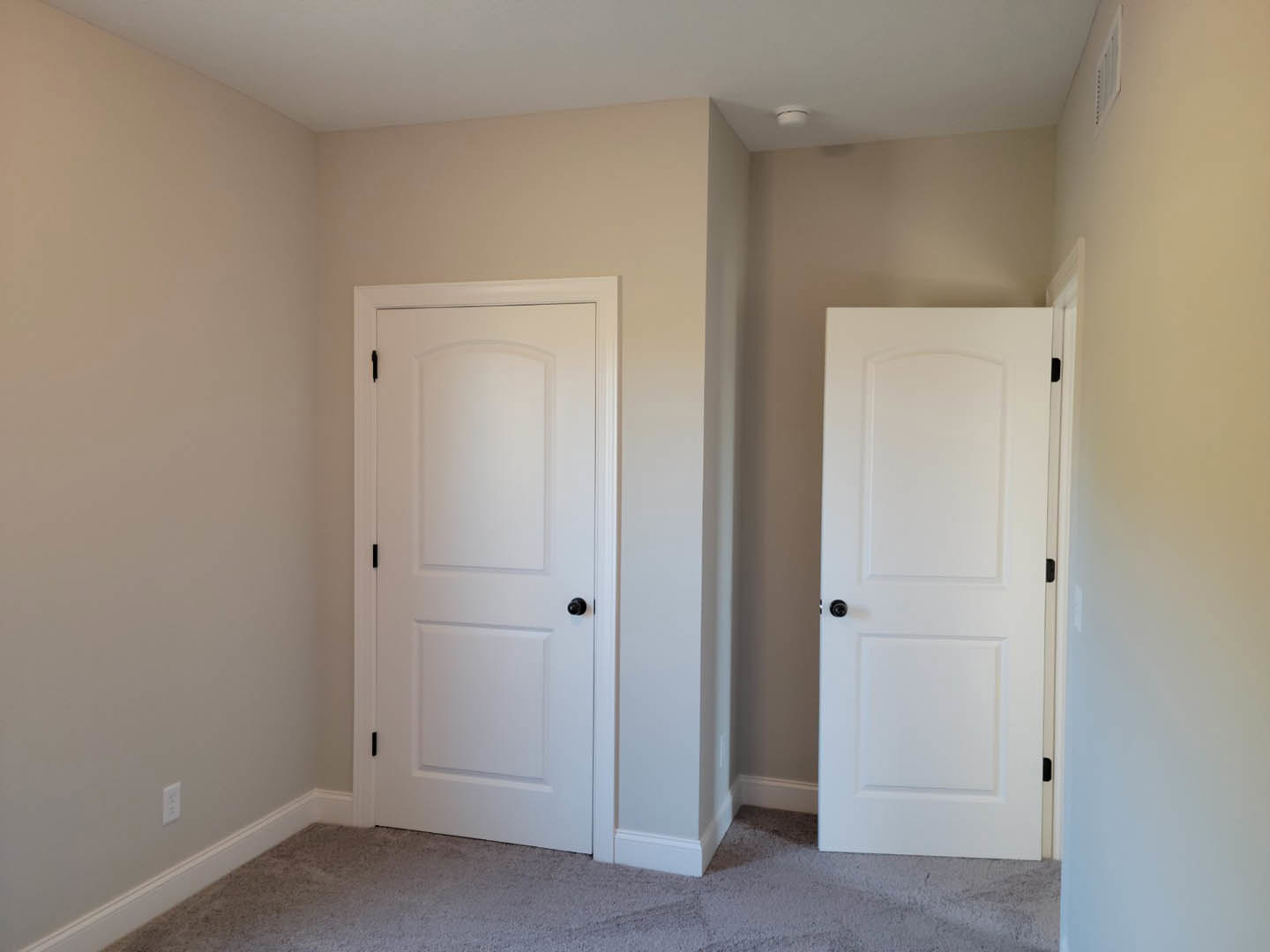 Two white paneled doors with black knobs set in a neutral wall, carpeted floor, and partial view of white cabinetry