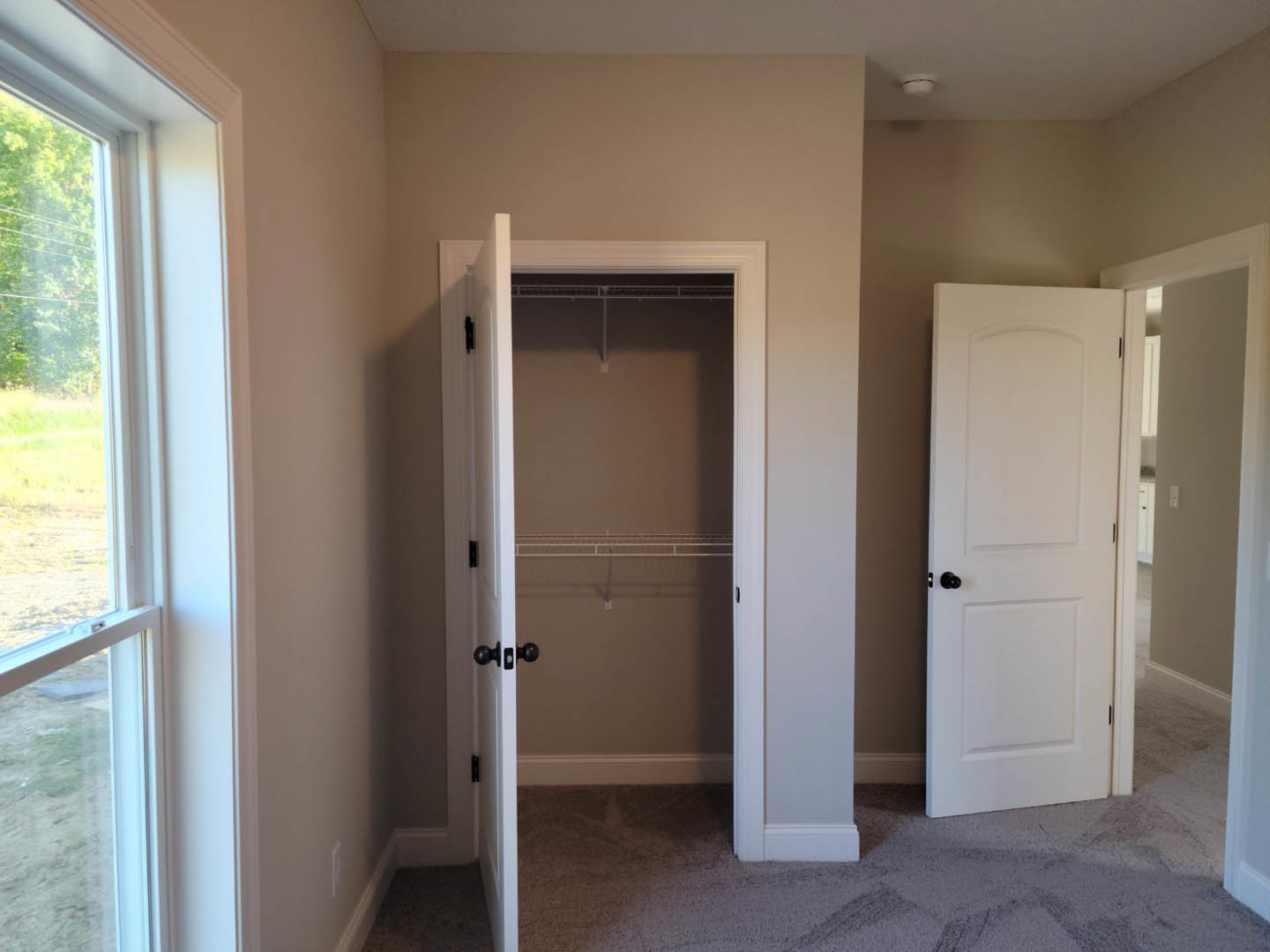 White closet door with black handle, diamond-patterned carpeted floor, window overlooking trees, white walls