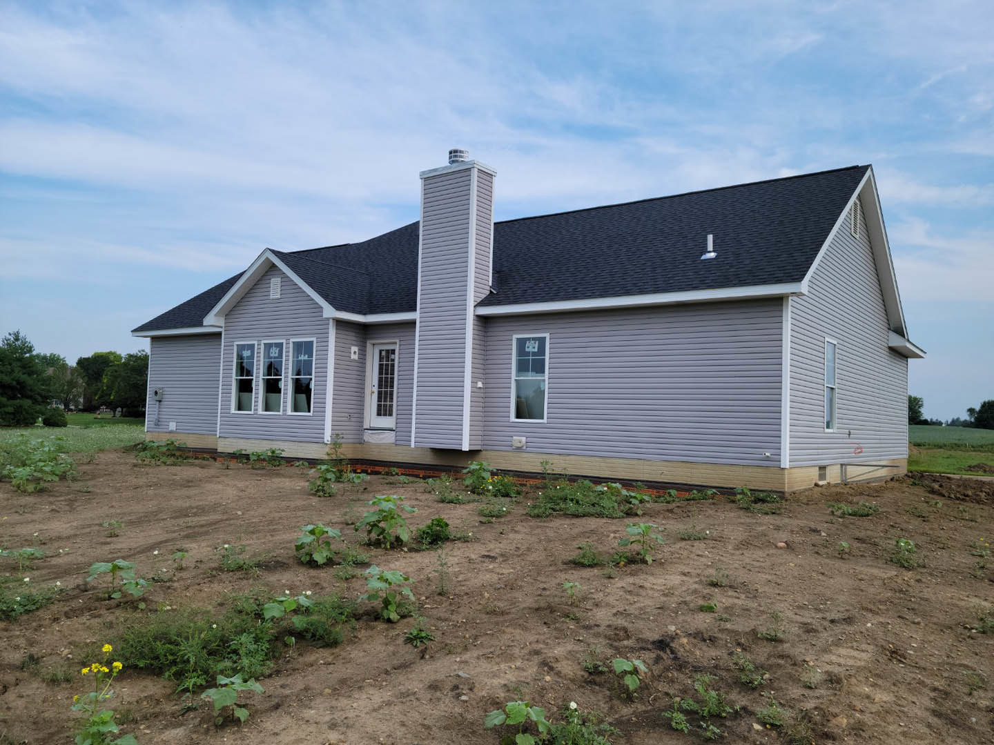 Two-story house with white-framed windows, brick chimney, and patchy dirt yard with scattered plants under a cloudy sky