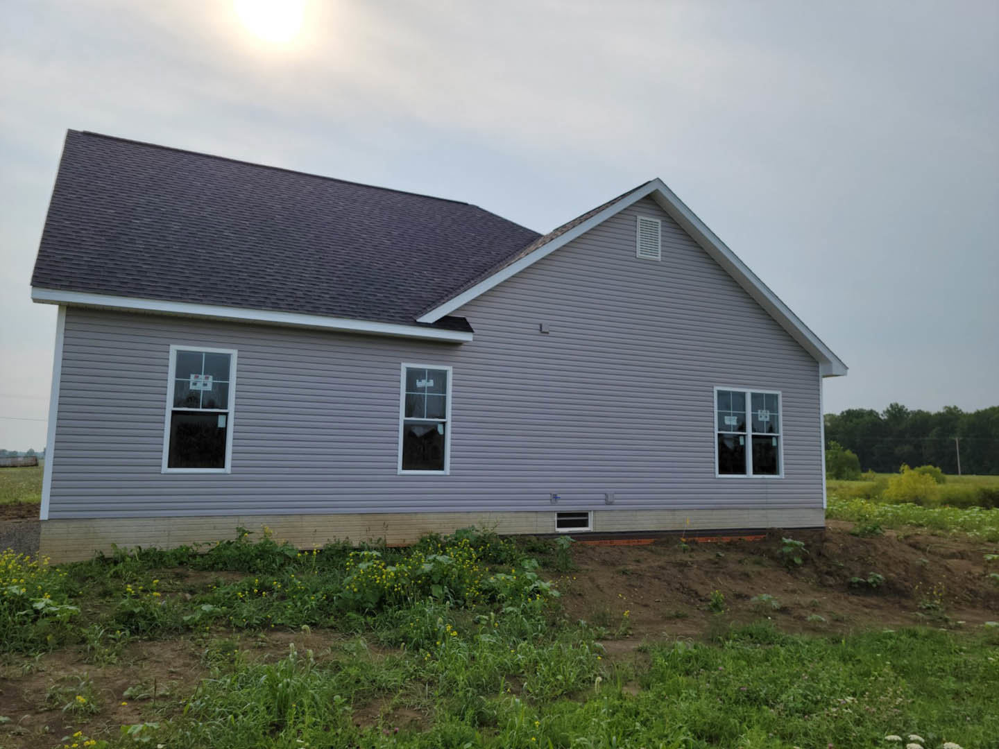 Two-story house with grey roof, white siding, large front window displaying a basketball hoop, surrounded by green grass and mature trees under a cloudy sky