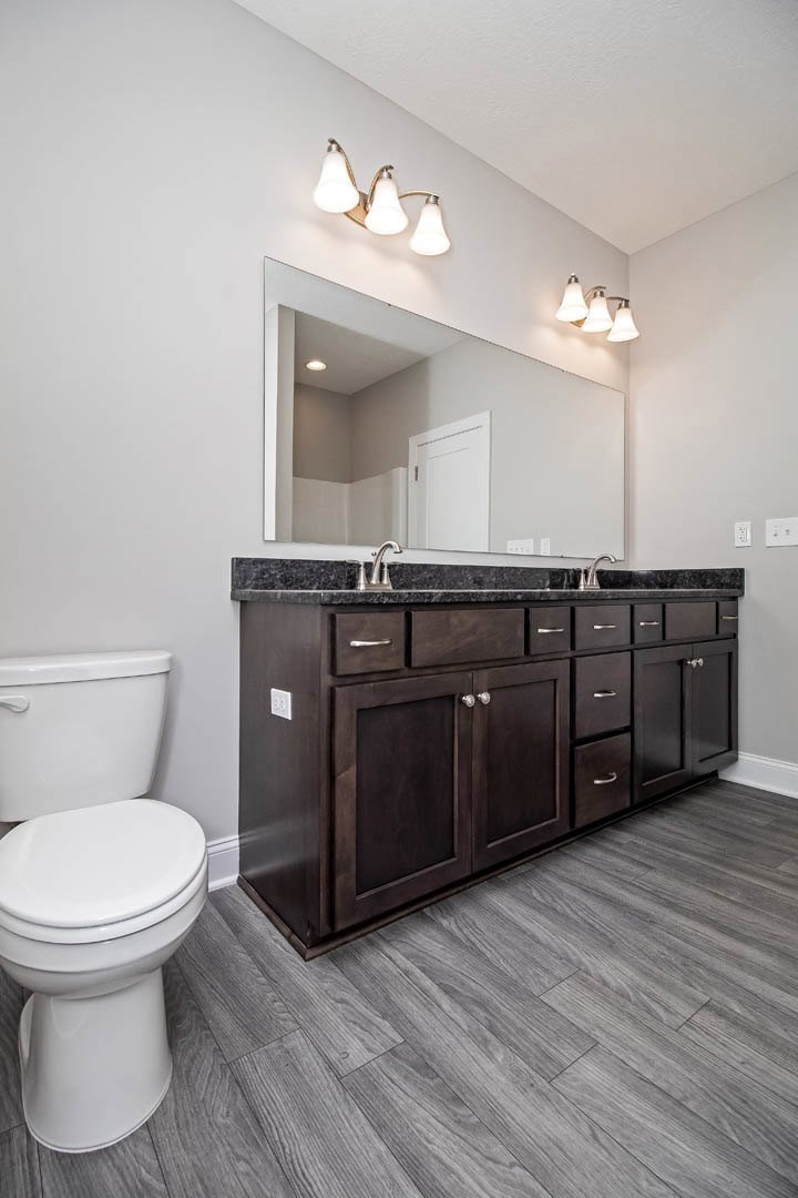 Bathroom with wood flooring, white toilet, white vanity cabinet, rectangular mirror, and three-light fixture above the sink