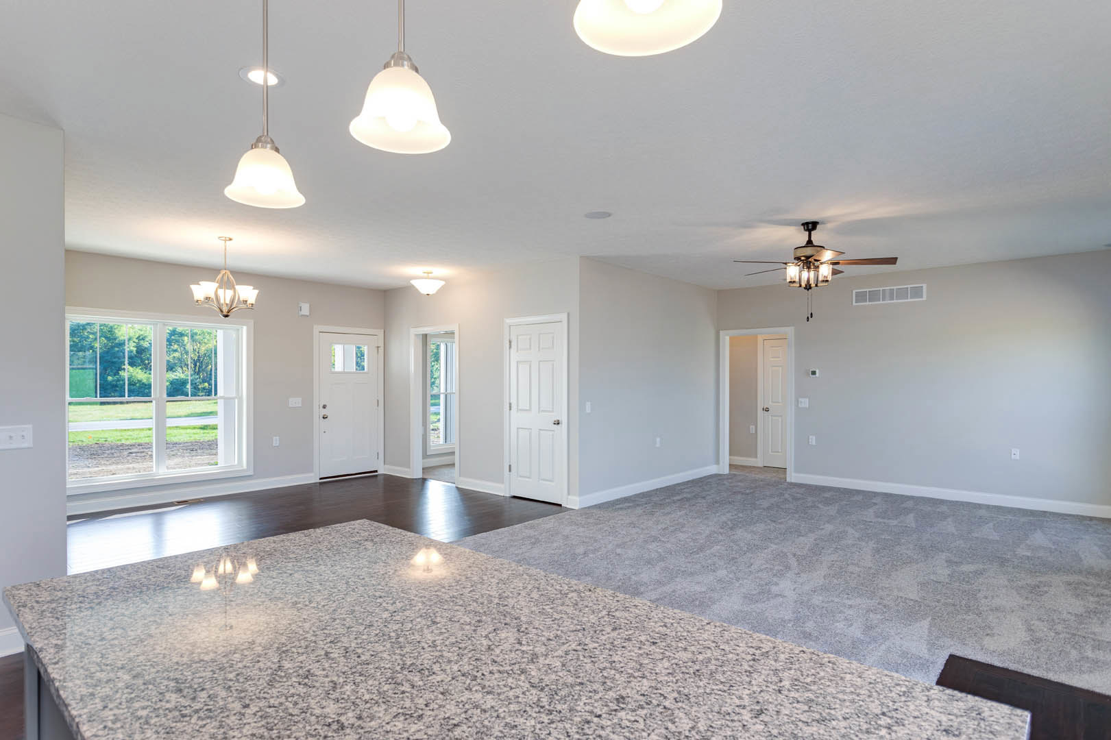 Spacious carpeted room with white walls, ceiling fan, multiple white doors including one with a window, and a window overlooking a green lawn