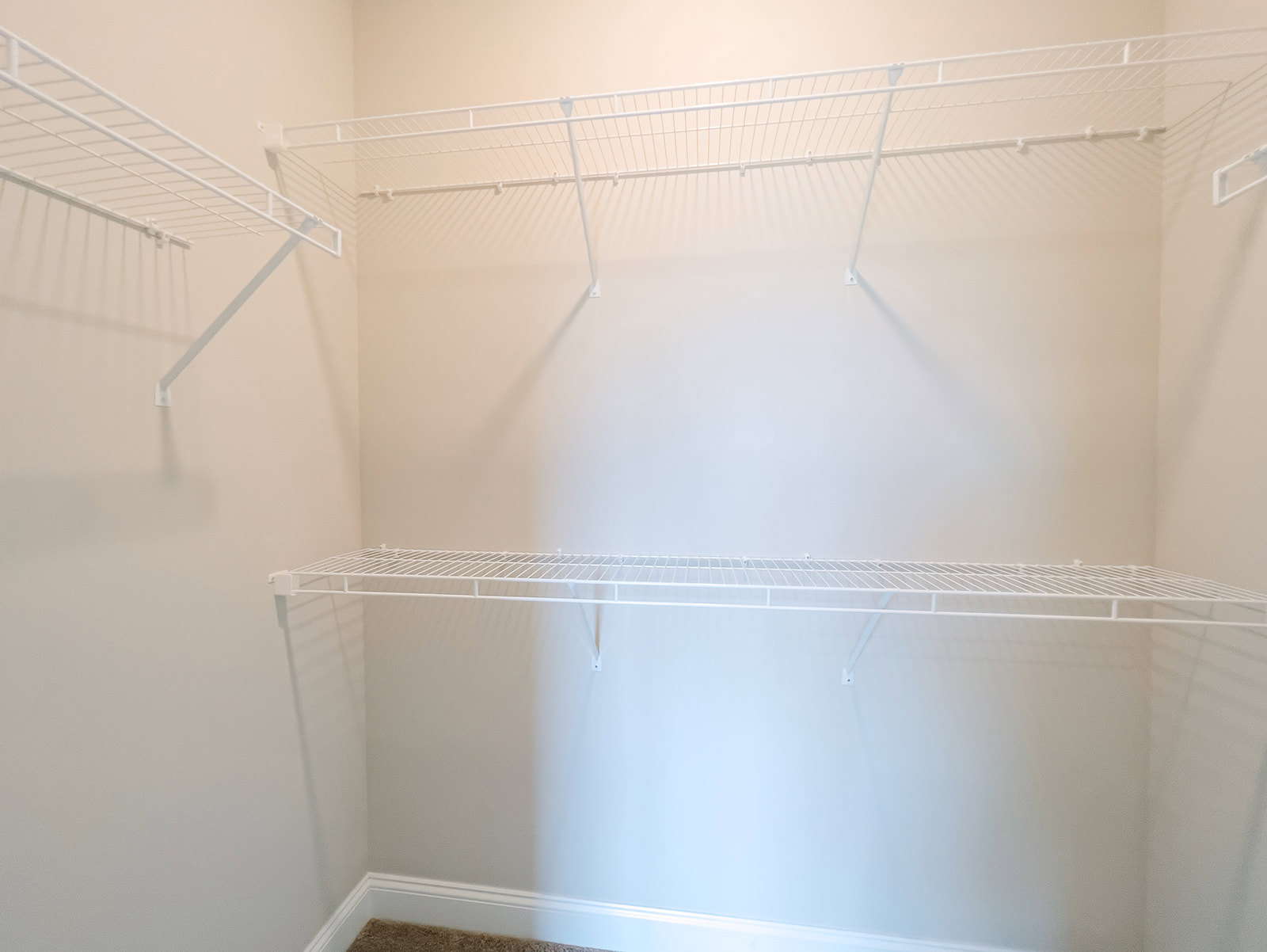 White built-in shelves mounted on a plaster bathroom wall, surrounded by neutral finishes and indoor lighting.