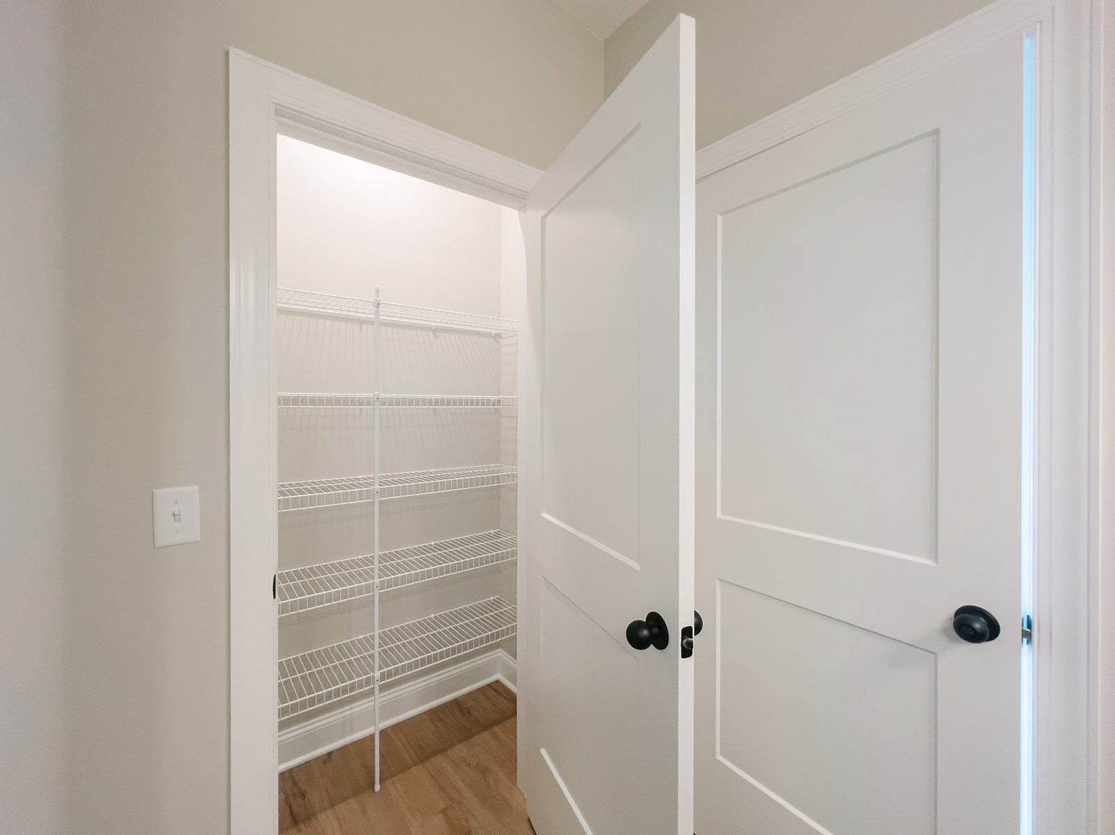 White closet doors with built-in shelves, light switch on adjacent wall, sunlight filtering through door, black circular object visible near shelving.