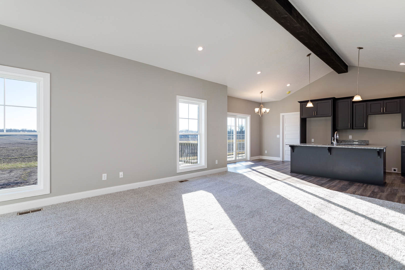 Open kitchen and bar area with black marble countertop, stainless appliances, light wood flooring, large windows showing a fenced yard and open field, white walls, and recessed