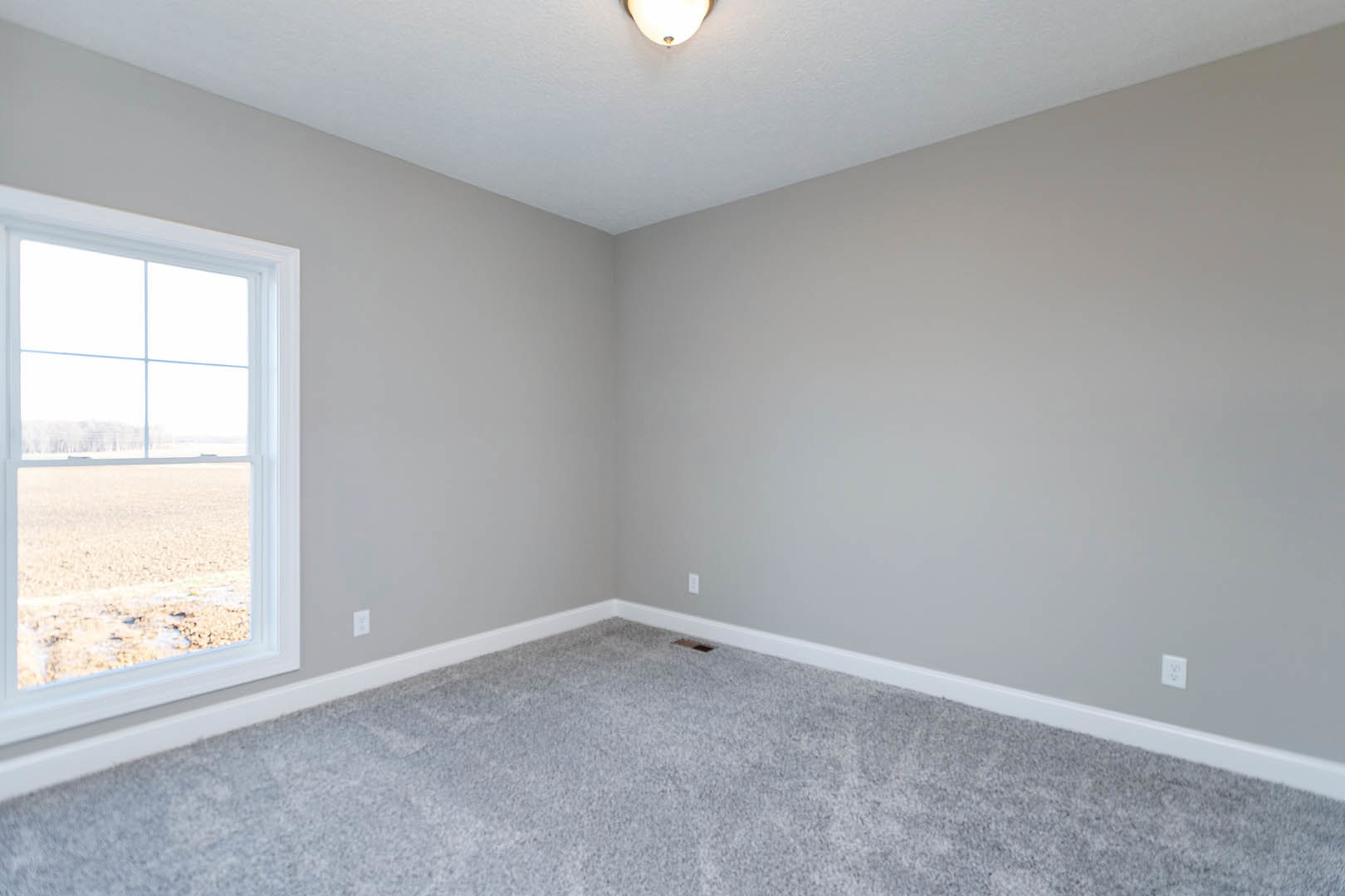 Bedroom with grey carpet, white walls, ceiling light fixture, and large window overlooking grassy field