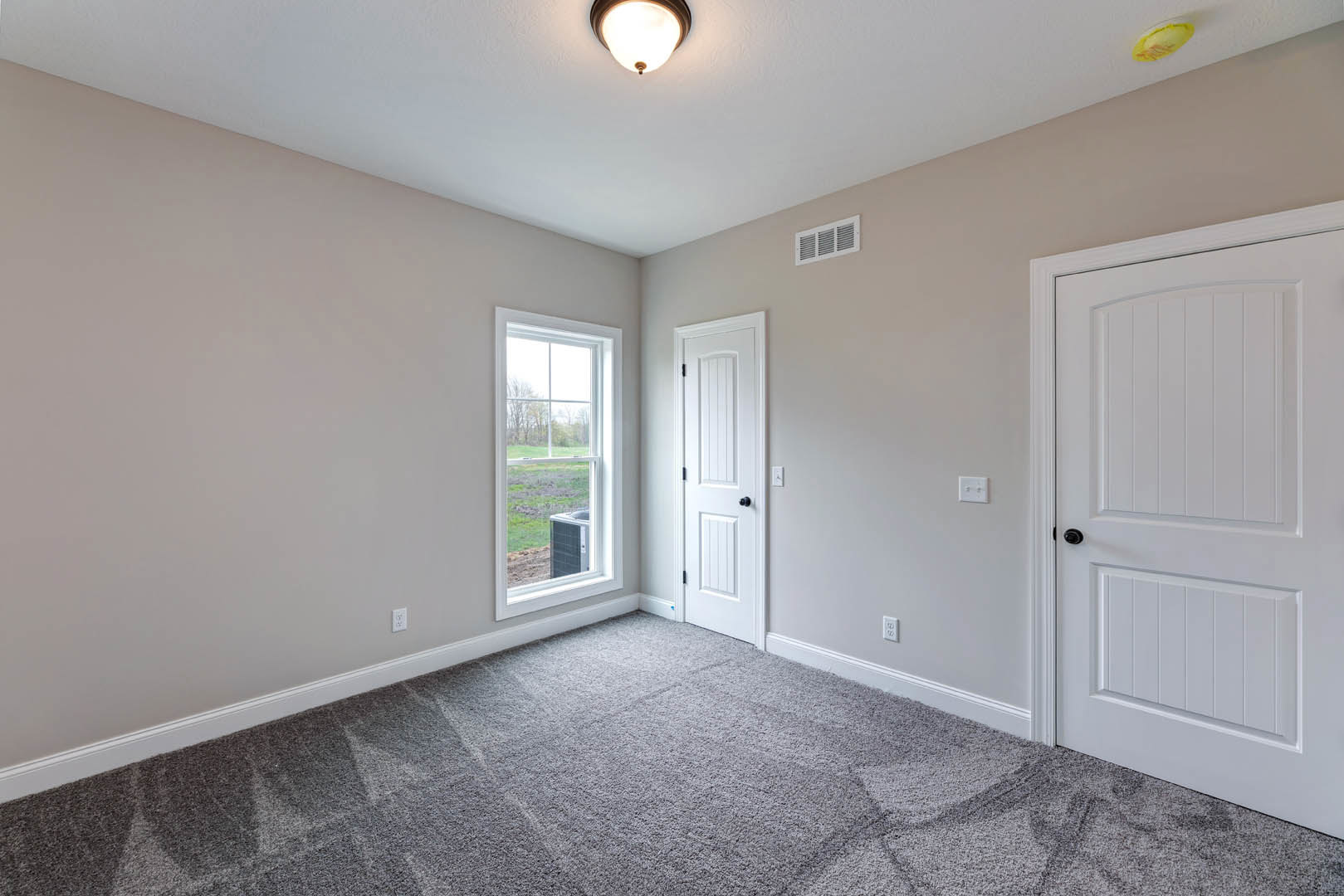Carpeted room with two white doors featuring black knobs, window overlooking grass and trees, light fixture on ceiling, white walls with plaster and molding, close-up of black