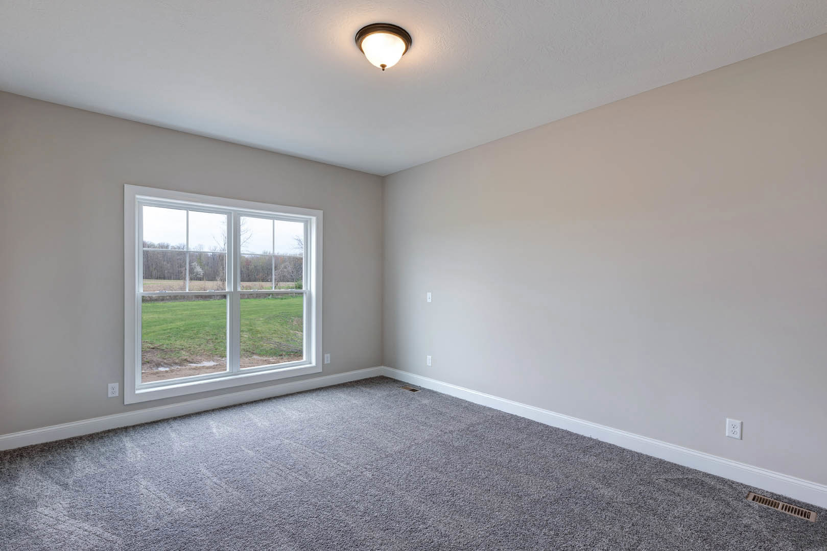 Room with grey carpet, white walls, ceiling light fixture, large window overlooking grassy yard