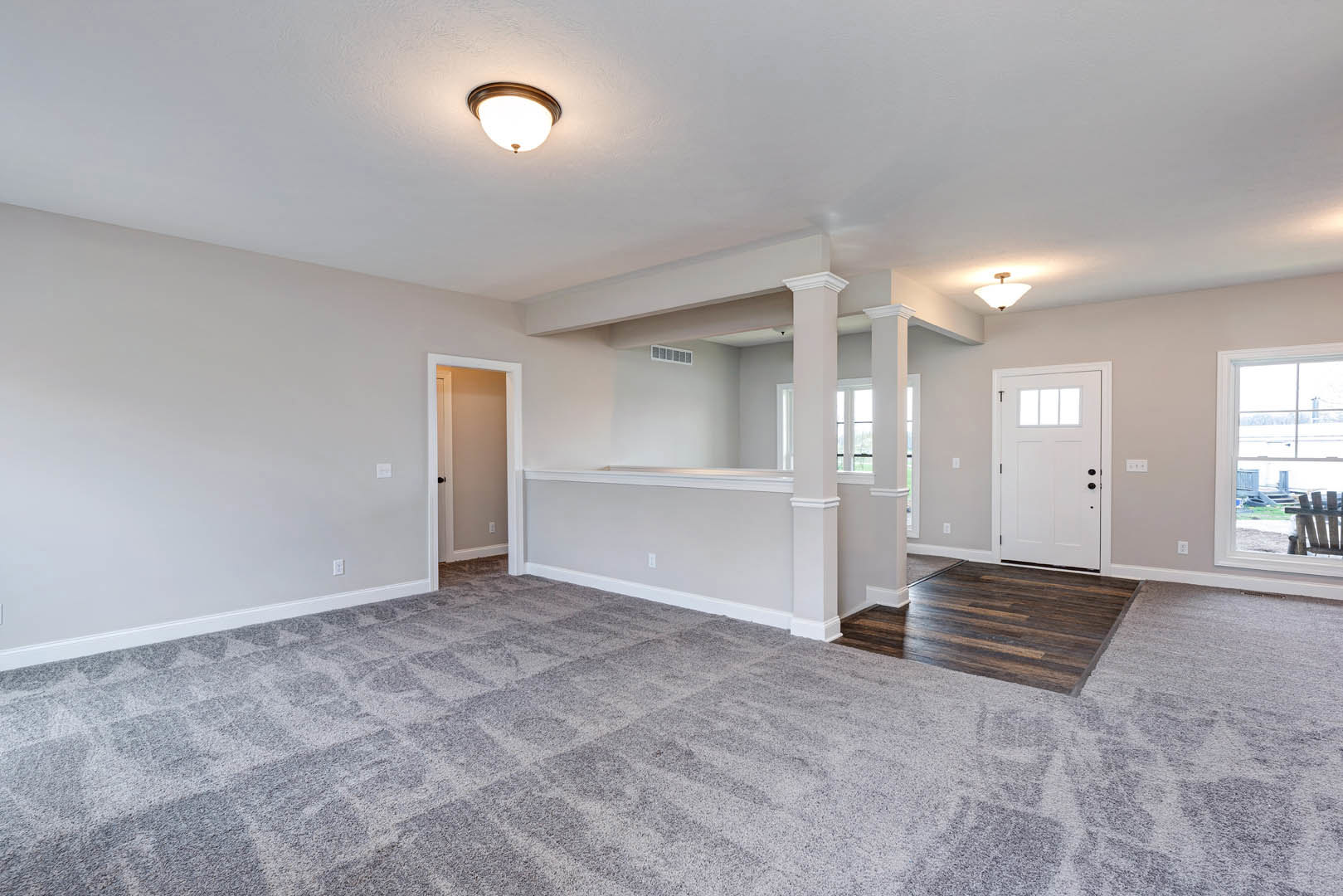 Carpeted room with white walls, white door featuring a window, ceiling light fixture, wood flooring near entry, window overlooking yard