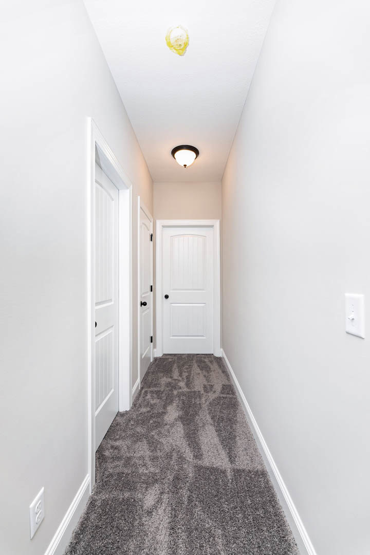 Carpeted hallway with white walls, multiple white doors featuring black knobs, ceiling light fixture, light switch on wall, yellow circle decor on white background