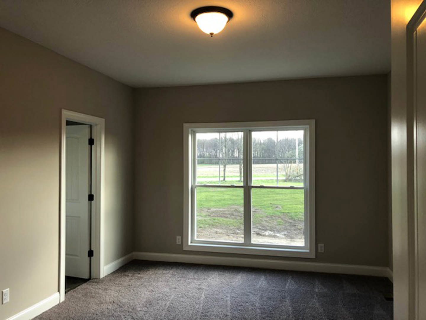 Carpeted bedroom with large window overlooking grassy yard and trees, white walls, ceiling light fixture, and paneled door