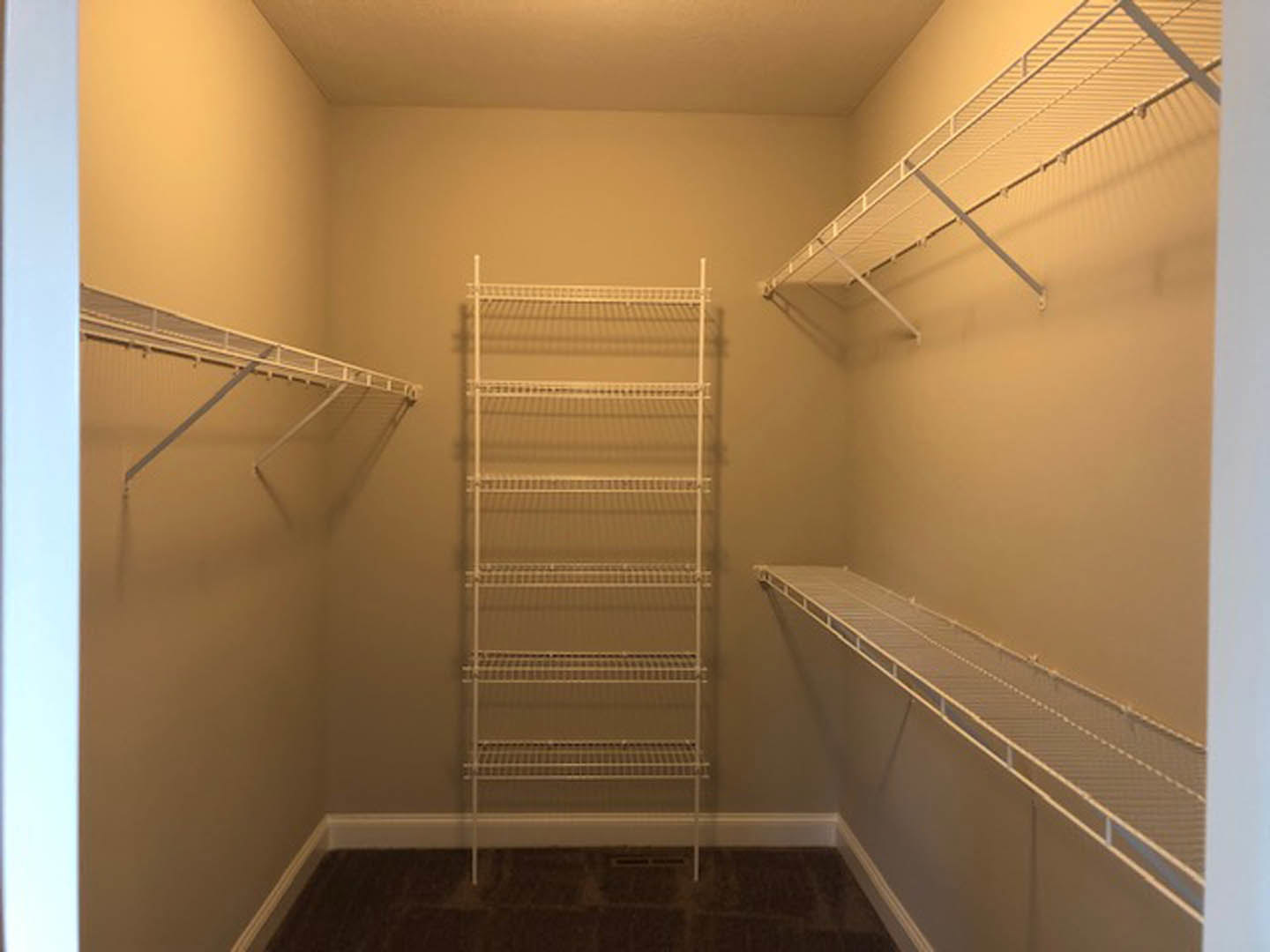 Walk-in closet with built-in white shelves against light brown walls, plaster ceiling, and hardwood floor