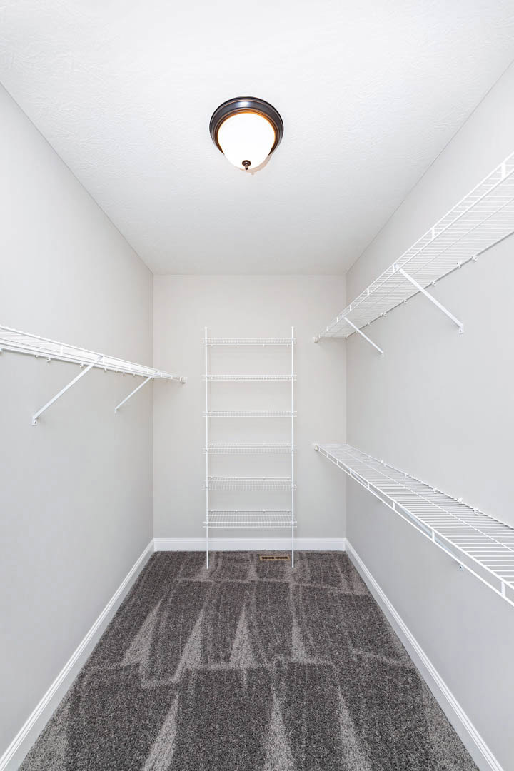 Walk-in closet with white built-in shelves, carpeted floor, and ceiling light fixture
