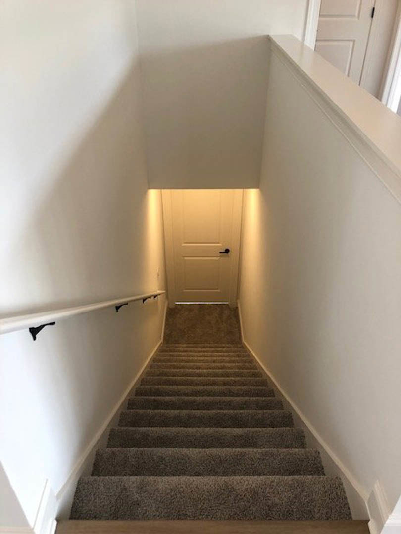 Carpeted staircase with white wall, white door featuring black handle, and wall-mounted light fixture