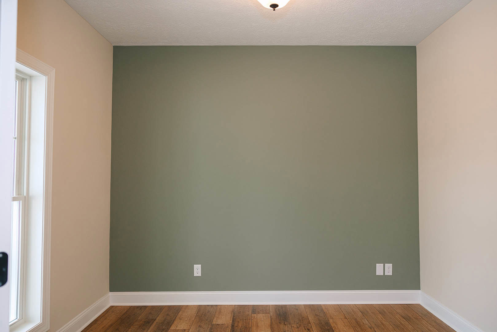 Wood flooring and white walls with green trim, ceiling-mounted light fixture, white door with molding