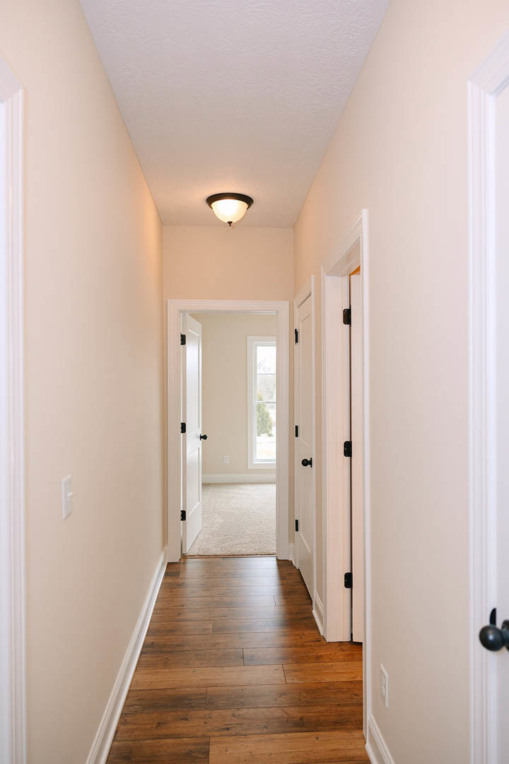 Hallway with white walls and doors, wood flooring with white trim, black door knobs, close-up views of light fixture, carpet, and door