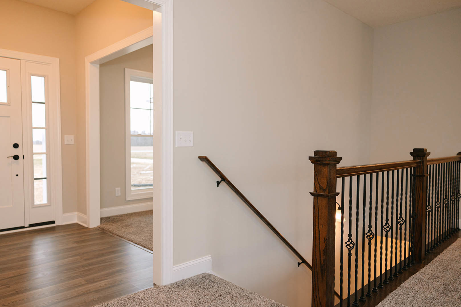 Hardwood staircase with black metal railing, white paneled door with black knobs, white wall outlet with three switches, patterned rug on wood floor, close-up of stained wood post