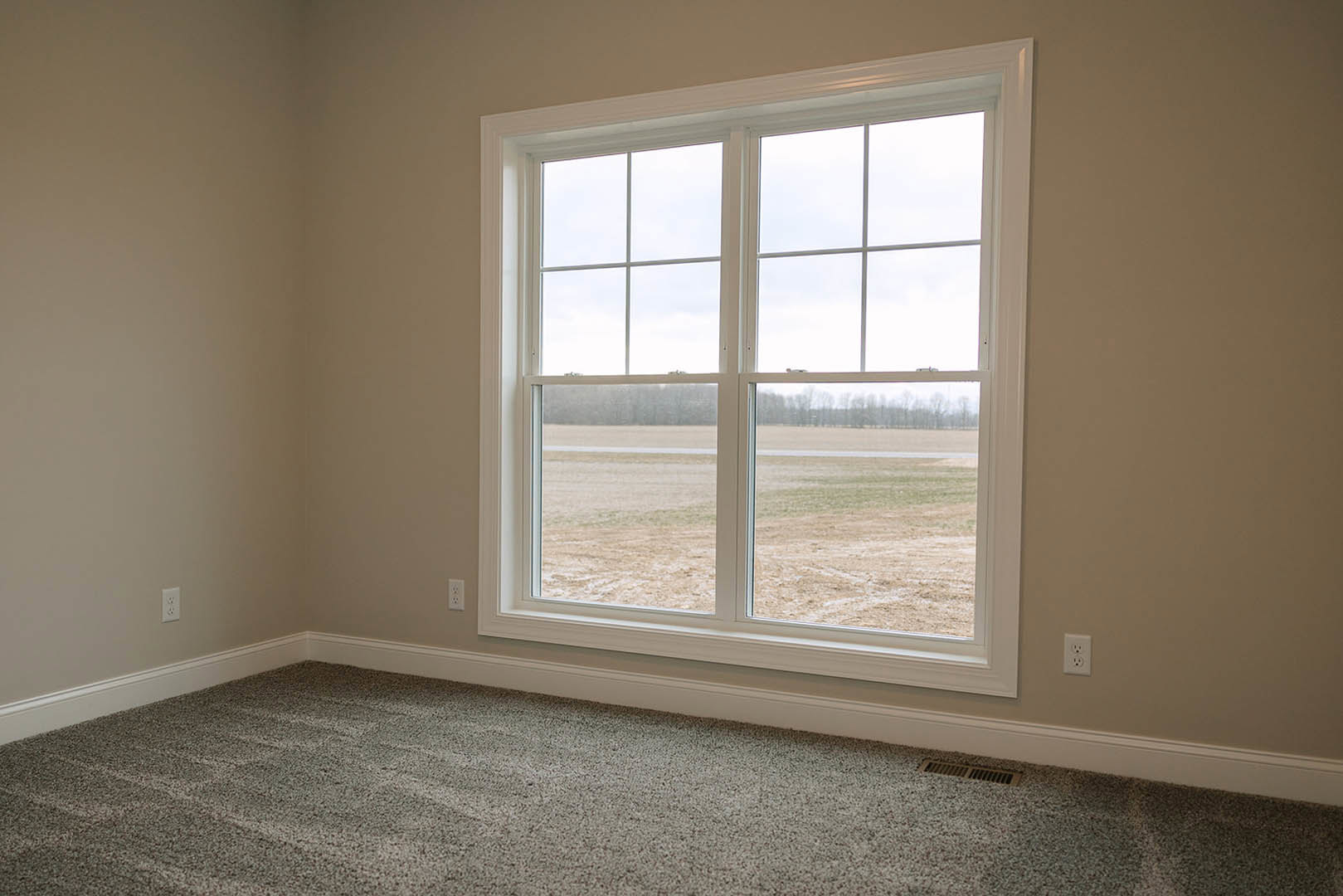 Carpeted room with large window, white walls, and view of grassy field under cloudy sky