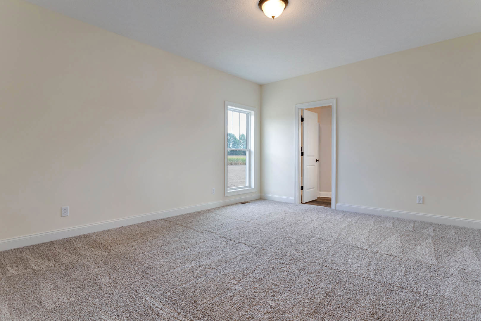Neutral-toned carpeted room with white paneled door featuring a black handle, large window overlooking outdoors, white walls with crown molding, and modern ceiling light fixture
