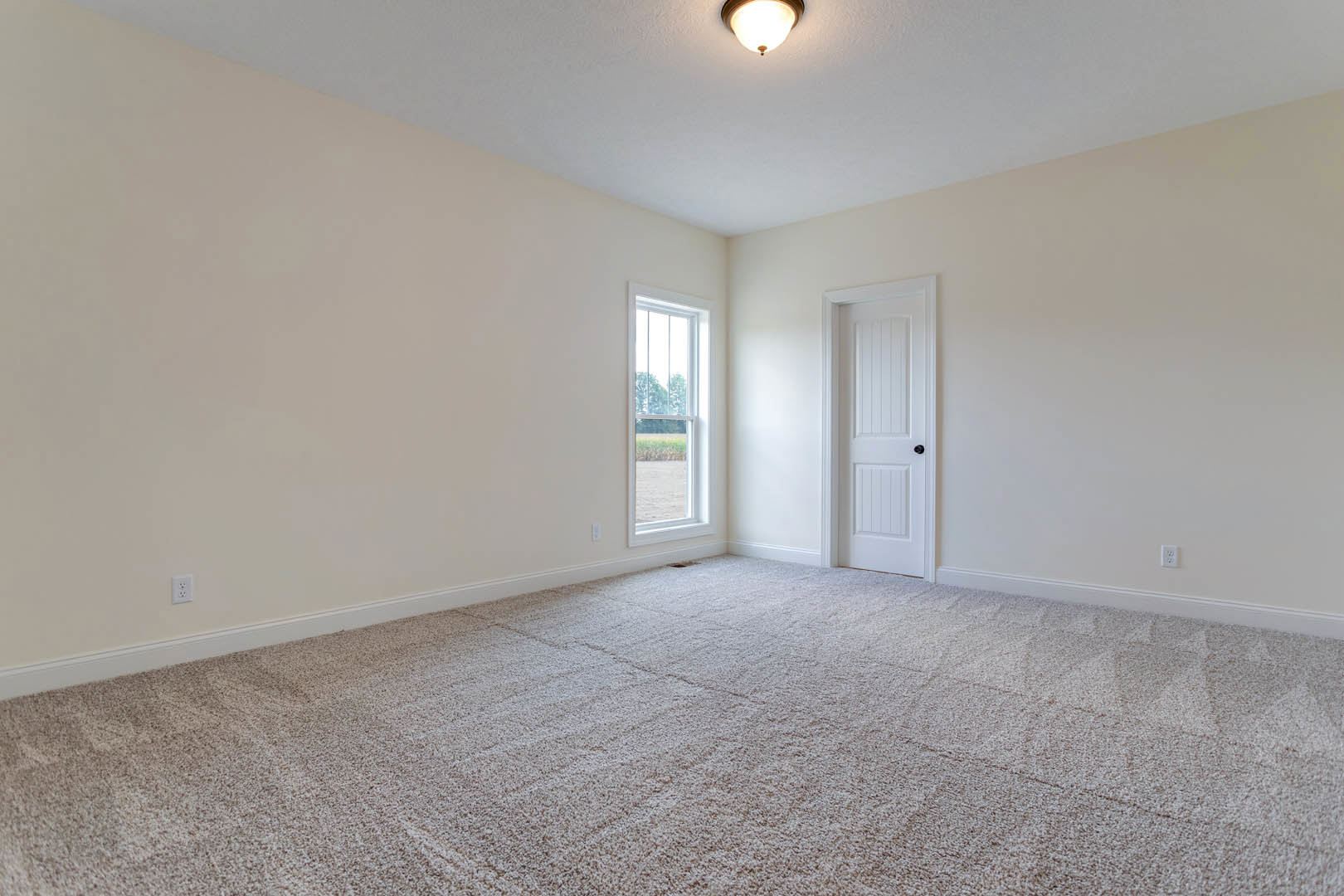 Carpeted bedroom with white walls, white door, ceiling light fixture, and window overlooking grassy field