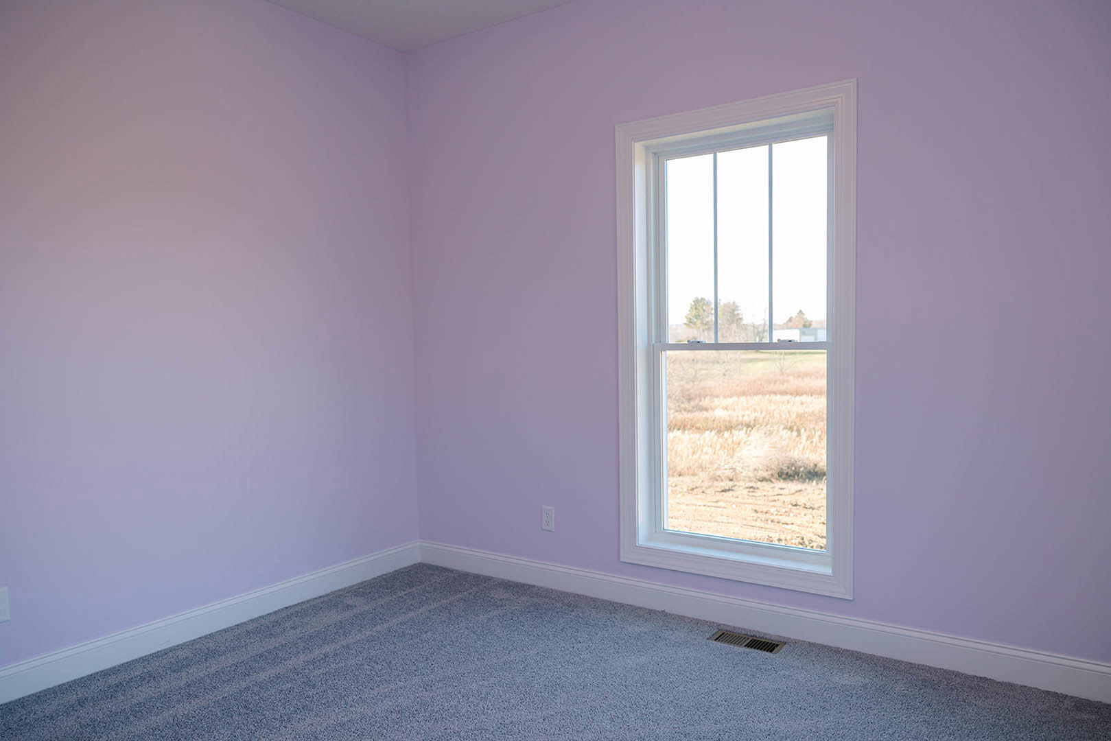 Carpeted room with a large window overlooking dry grass, purple accent wall, and white window blinds