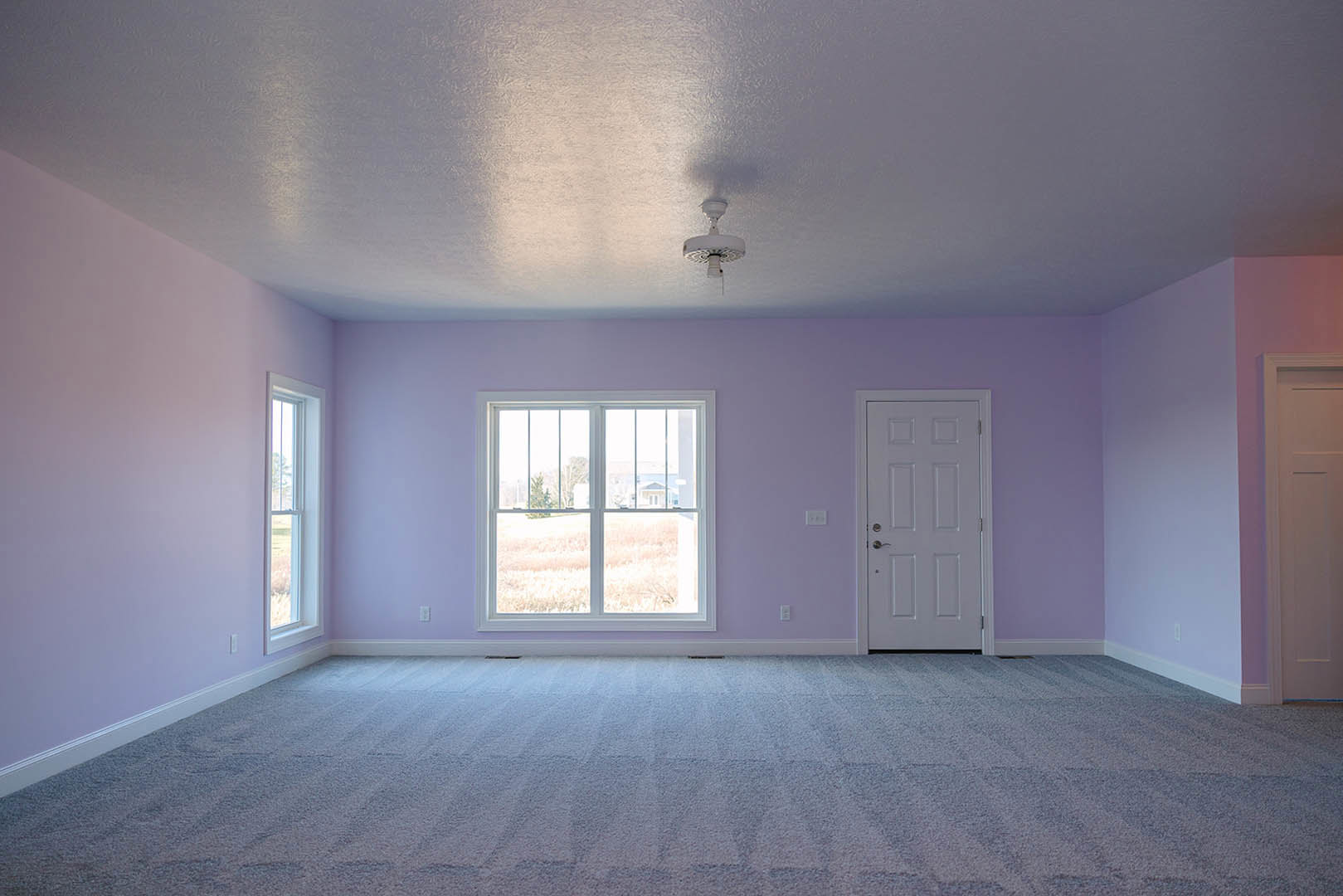 Carpeted room with a purple accent wall, white door featuring a silver handle, large window offering a view of a grassy field, white plaster walls, and ceiling