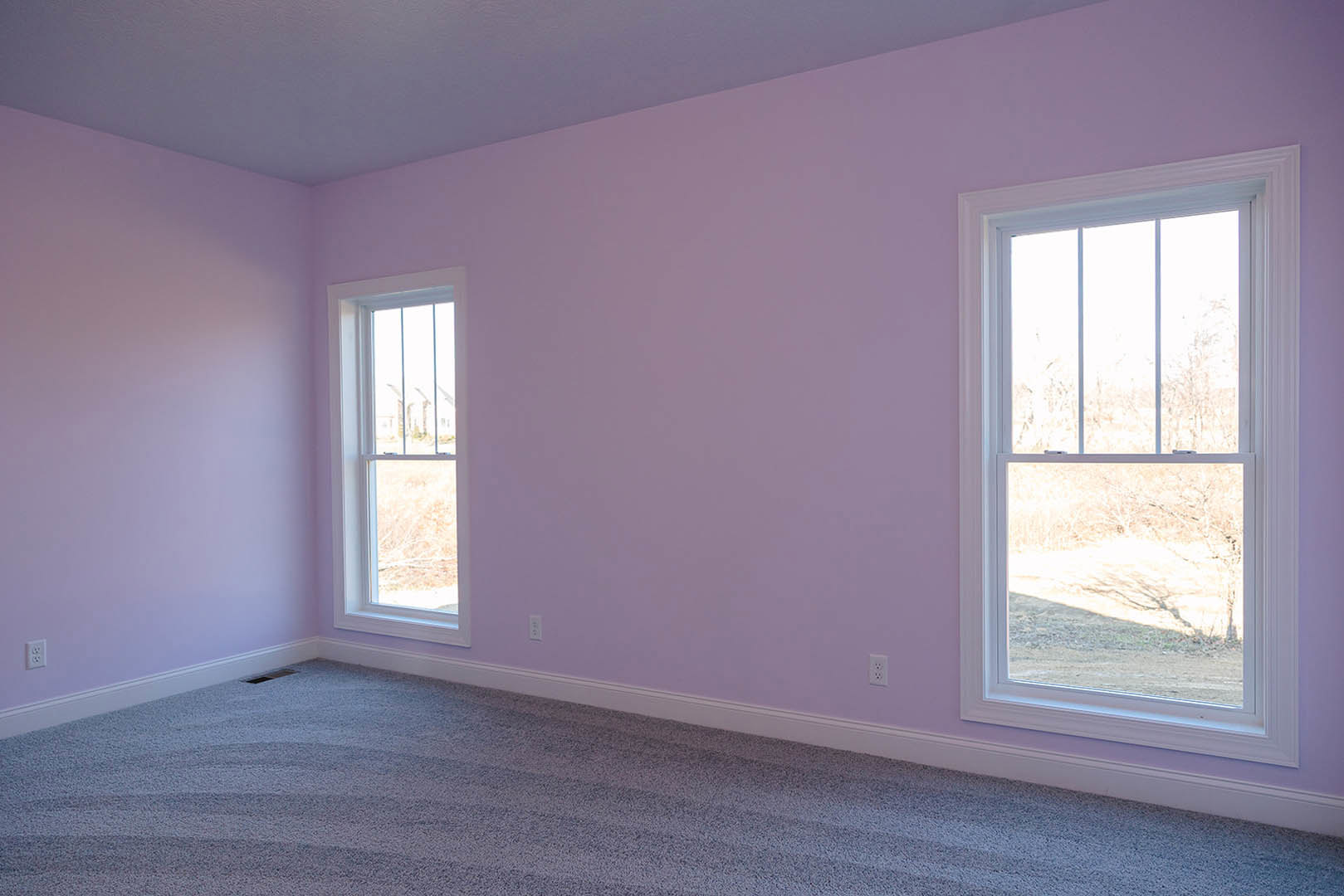 Bright carpeted room featuring large windows with views of grassy field, white walls, and minimalist window blinds.