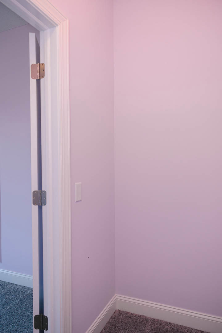 White painted door with silver metal hinge, blue carpet flooring, plastered walls, and modern door handle in a residential interior room