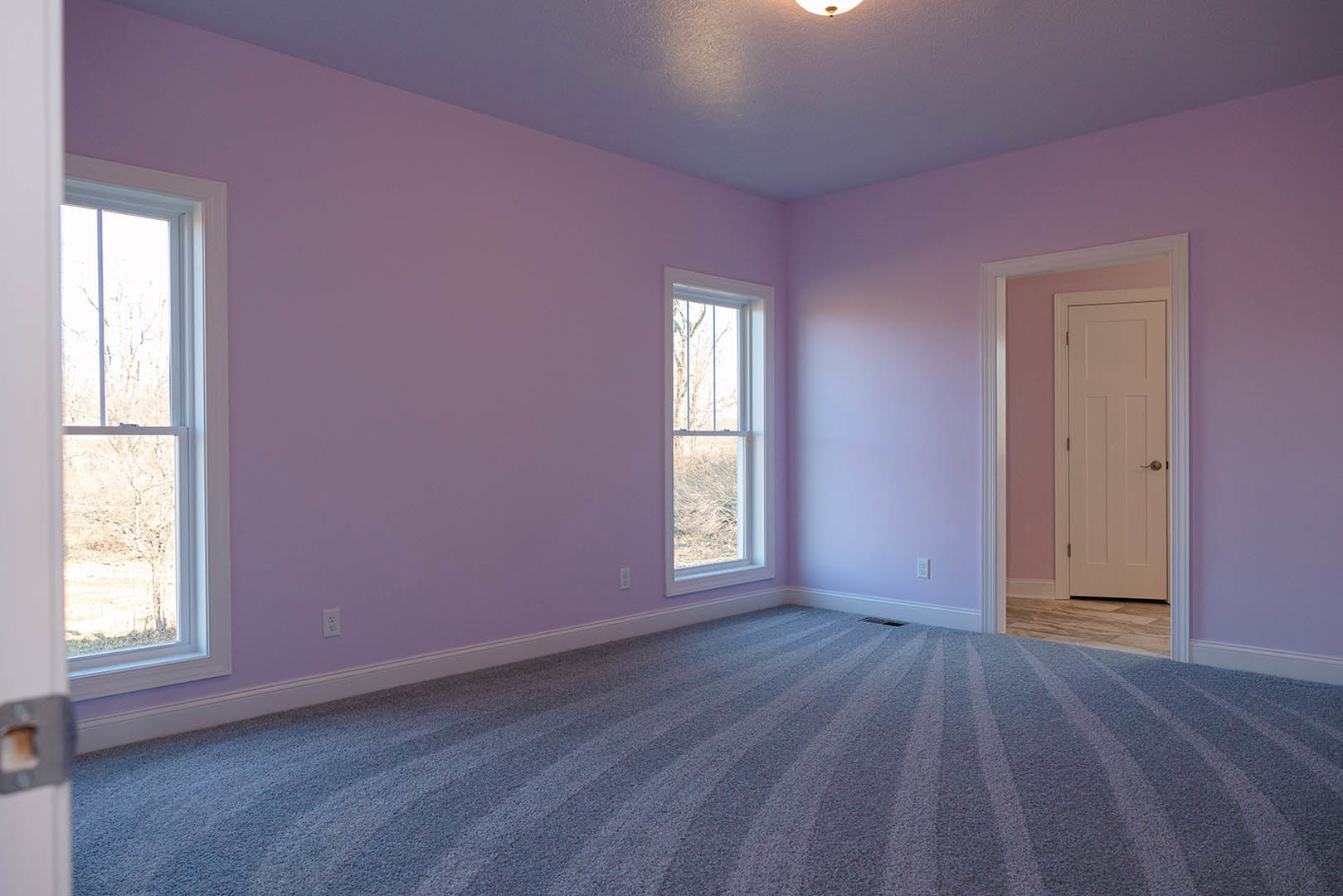 Purple-painted walls, white ceiling with modern light fixture, carpeted floor, white door, large window overlooking leafy trees