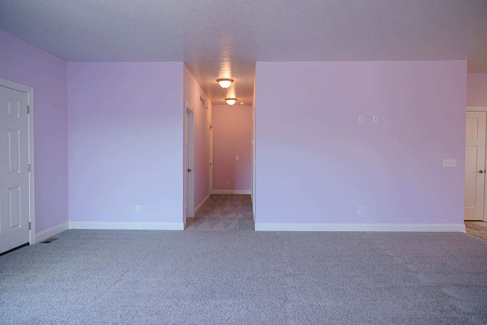 Purple-walled room with matching carpet, white baseboard, door with silver handle, and wall-mounted light switches