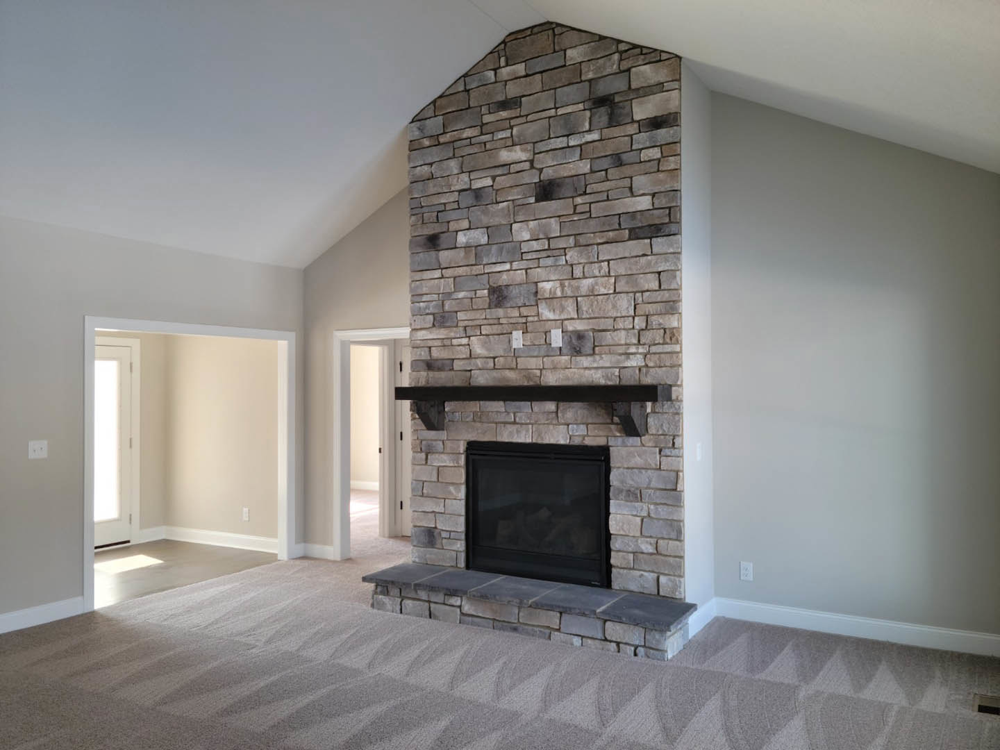 Stone hearth fireplace with glass door and black shelf, white wall with adjacent door, carpeted floor next to fireplace