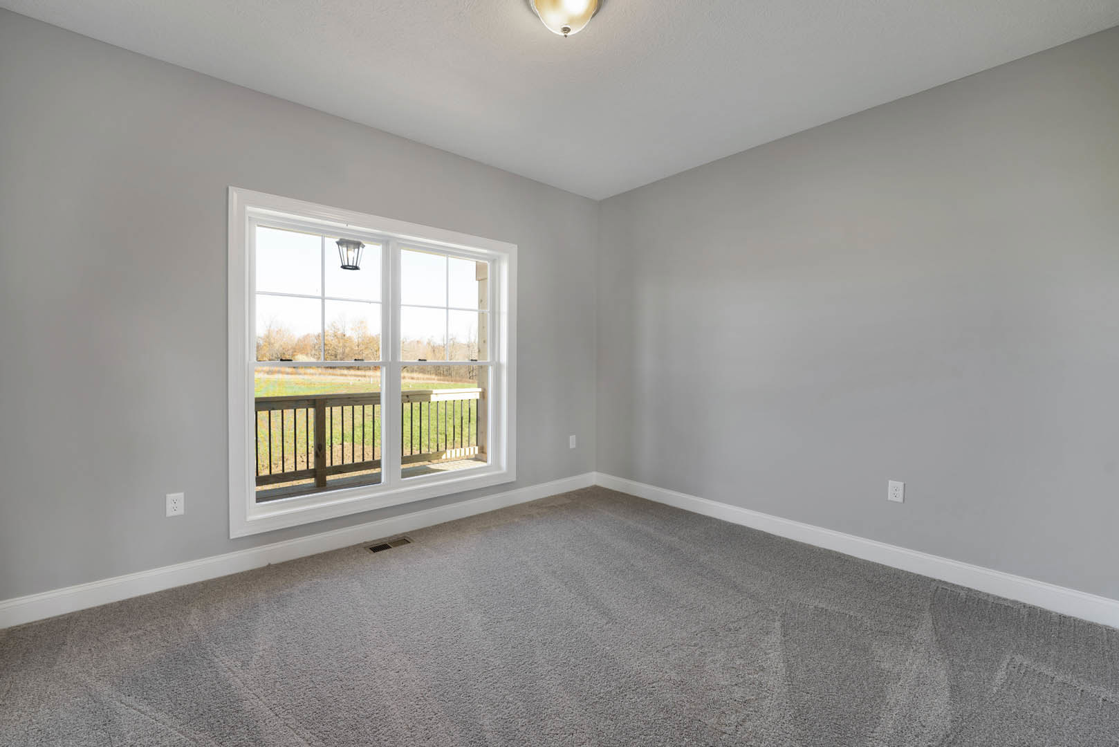 Bright room with white walls, large window overlooking grassy yard and trees, beige carpet flooring, simple ceiling light fixture, decorative wall molding