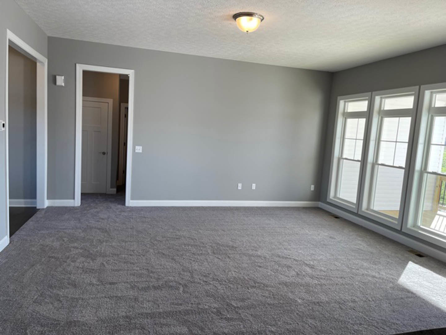 White-walled room with grey carpet, white door featuring a round knob, and windows allowing natural light
