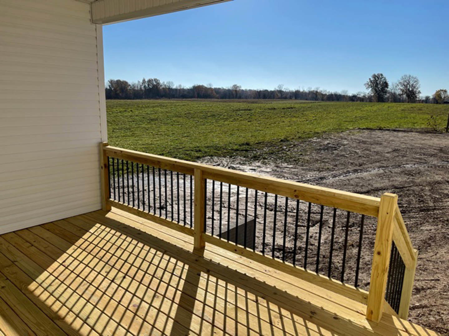 Wooden deck with horizontal white wall, metal handrail fence, grassy field, trees in background, blue sky with scattered clouds