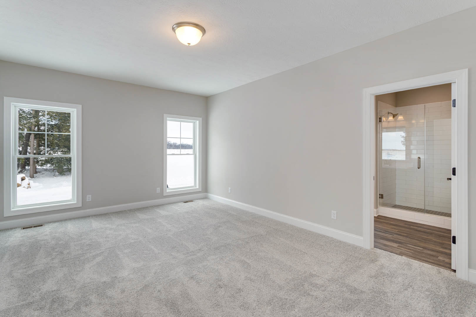 Carpeted room with open white door, ceiling light fixture, wall vent, window showing snowy landscape, wood floor partially covered by white carpet