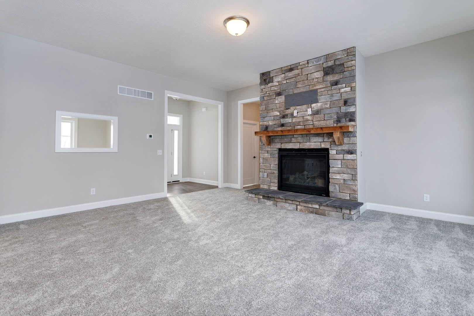 Carpeted living room featuring a glass-door fireplace set in a white plaster wall, window with trim, ceiling light fixture, and adjacent white door.