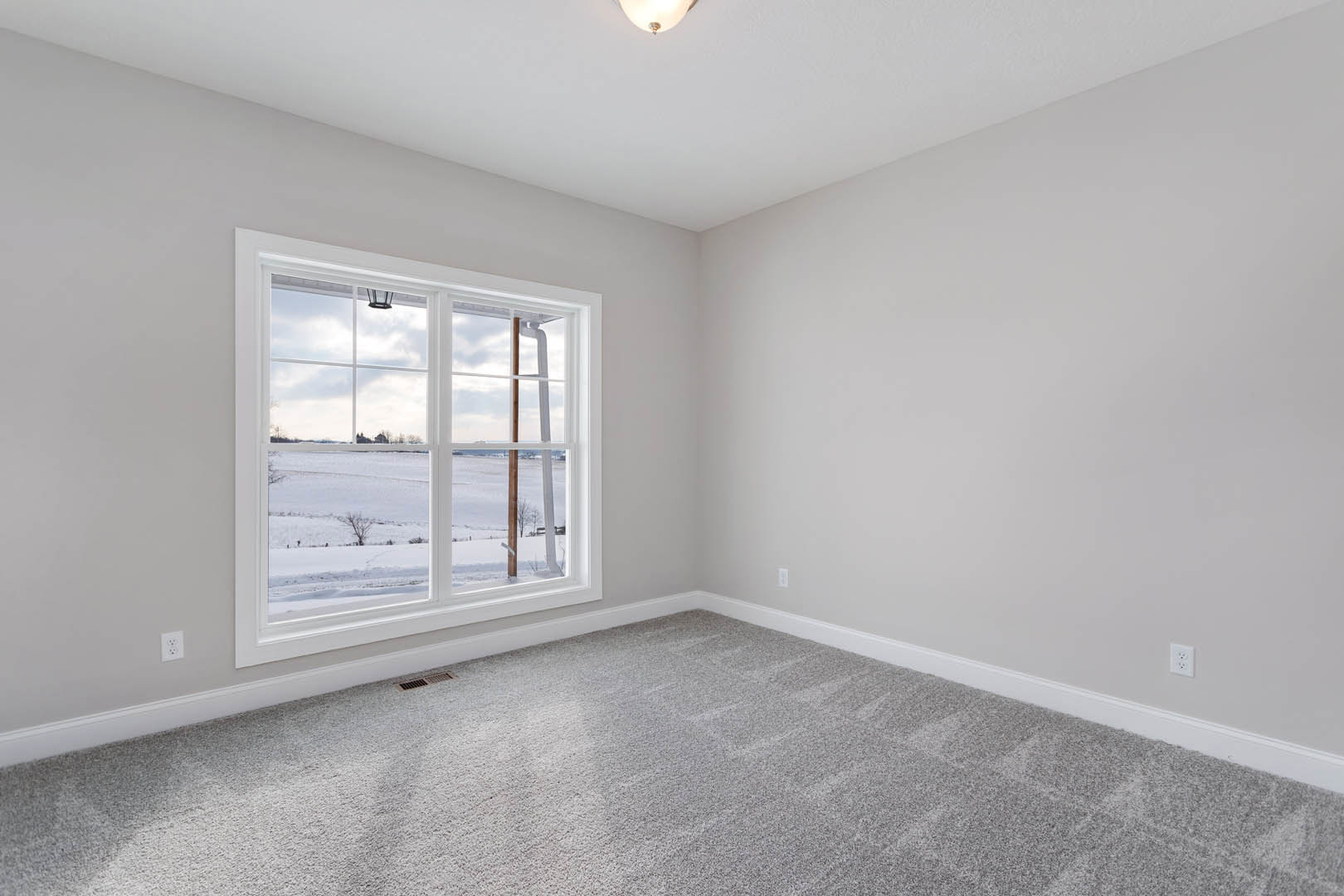 Neutral-toned carpeted room with white walls, large window framed by molding, ceiling light fixture, and view of snowy field outside