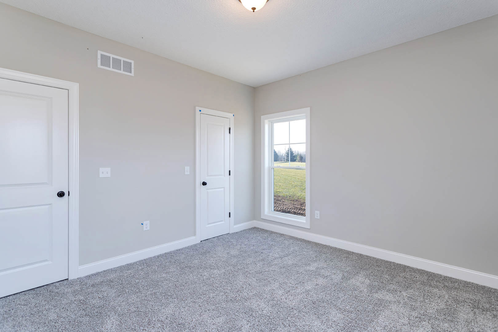 White paneled door with black knob, beige carpet flooring, wall vent, and window overlooking green grass