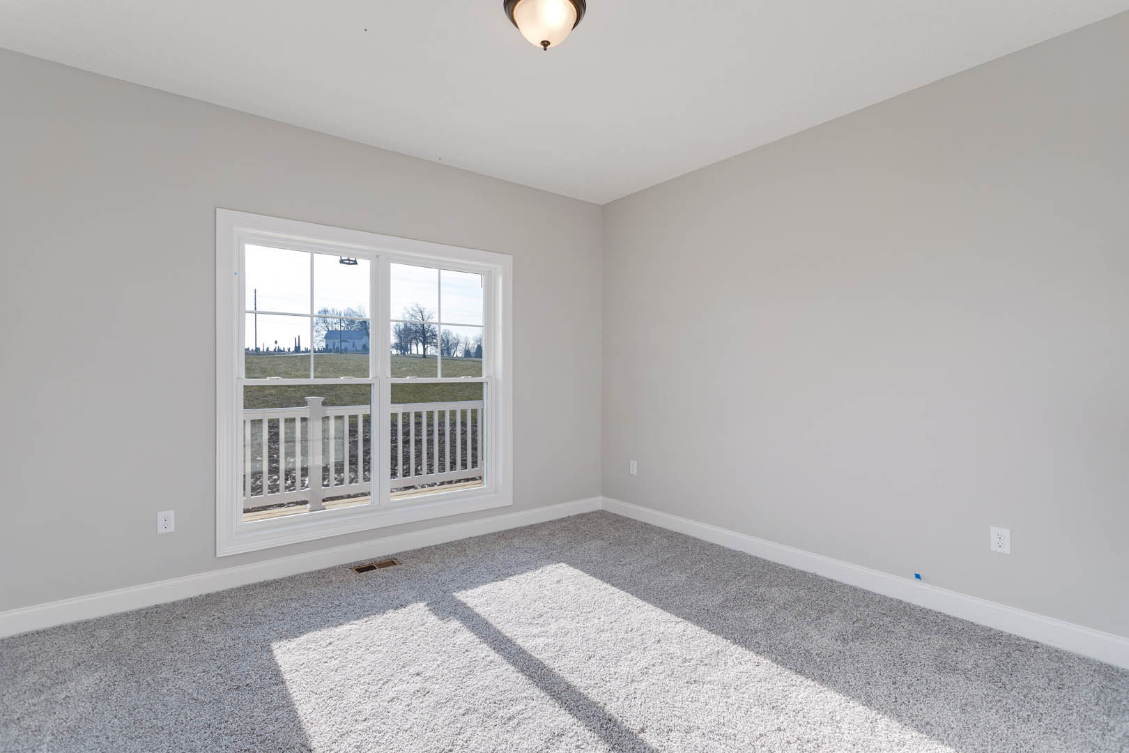 Sunlit room with white carpet, large window overlooking grassy field, pale walls with crown molding, modern ceiling light fixture with white shade
