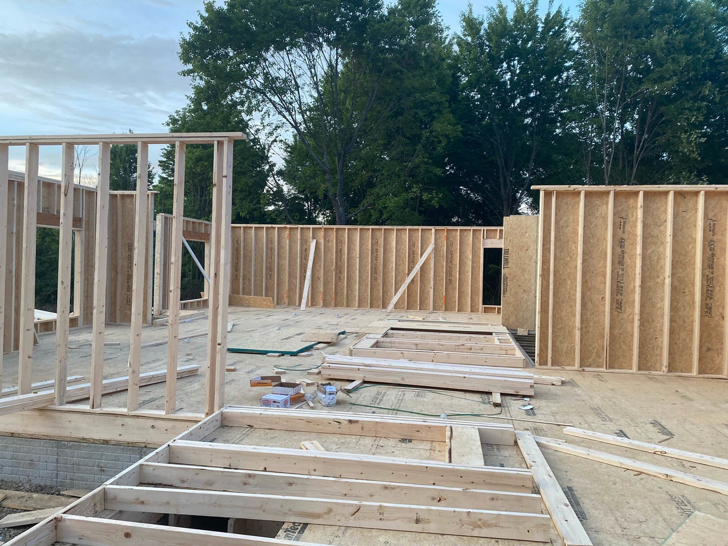 Wood-framed house under construction with exposed beams and plywood flooring, surrounded by trees and open sky