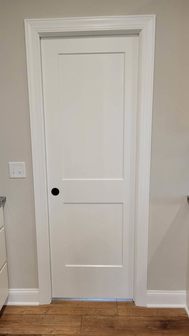 White door with square panel and black knob, wood flooring, light switch on white wall, white frame, and black and white object in background